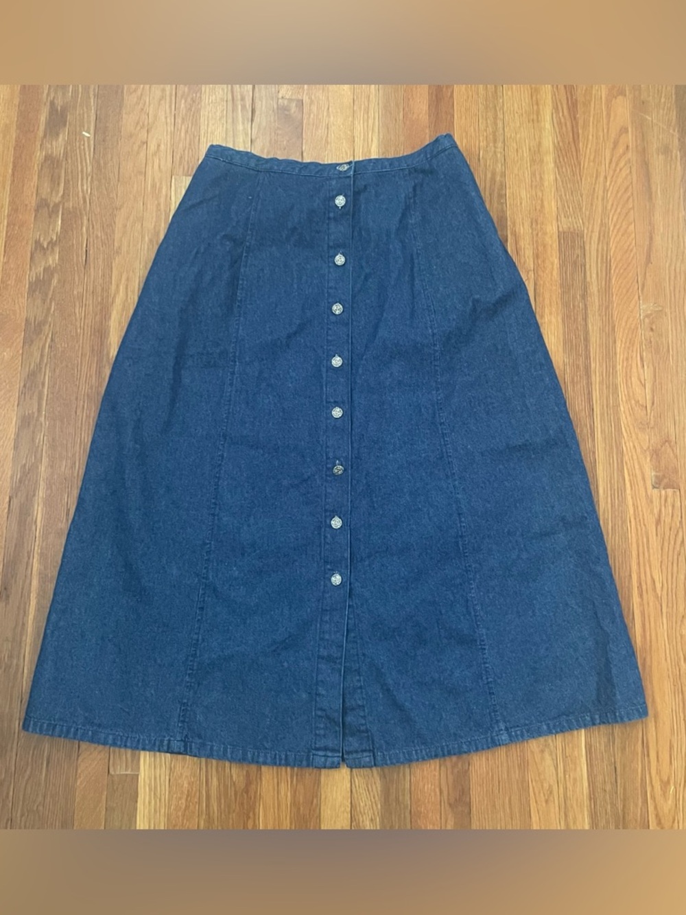Vintage Cottagecore Button-Front Dark Blue Denim A-Line Skirt